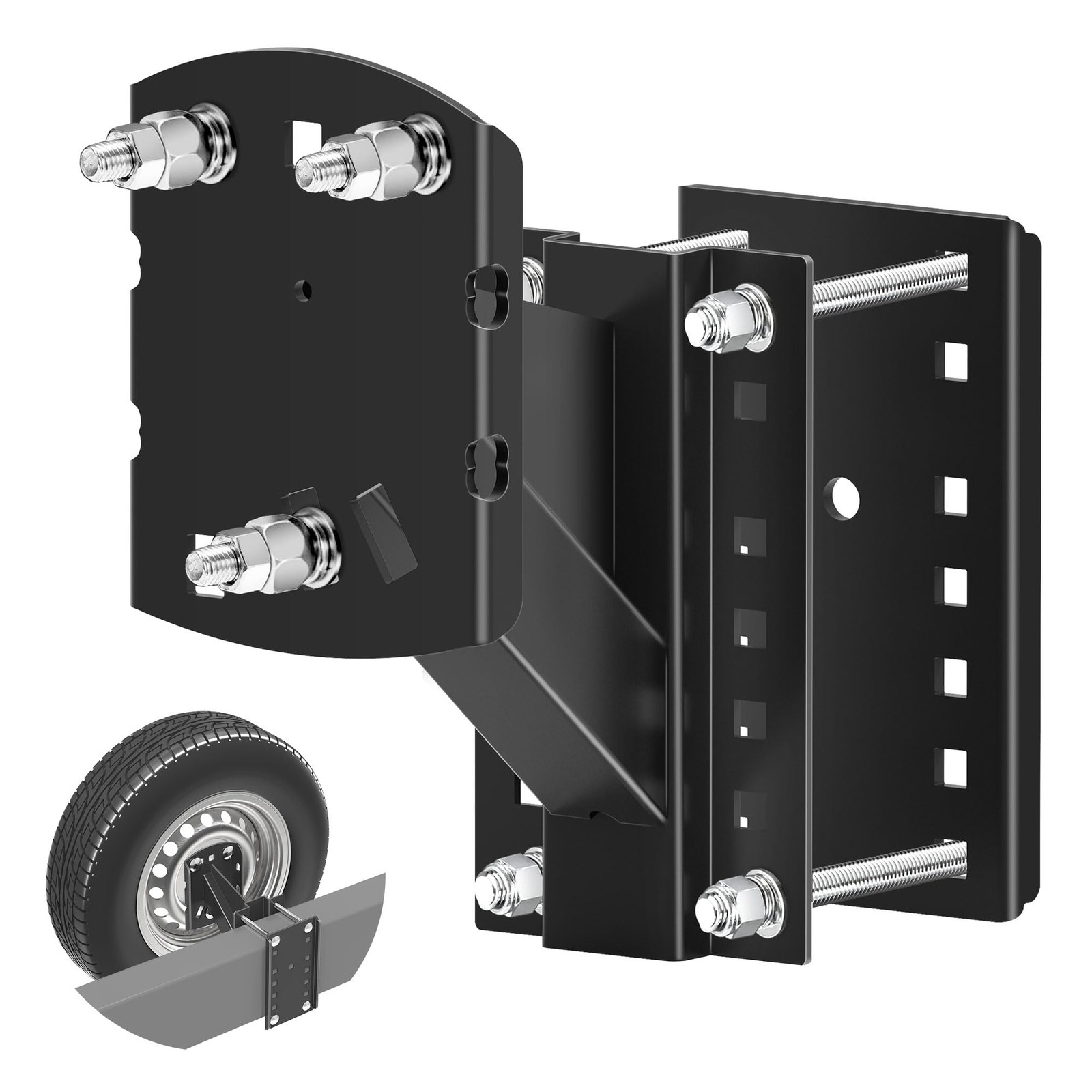 Foozet Trailer Spare Tire Mount Bracket, Heavy 3 hub bolts 4″-5.5″, Black