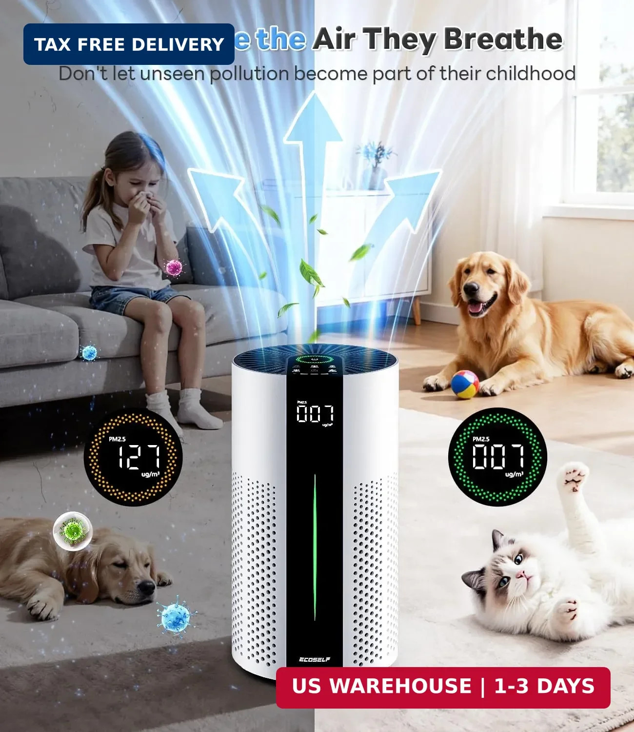 ECOSELF Air Purifiers for Home Large Room up to 1800 Ft², Air Purifiers for Bedr