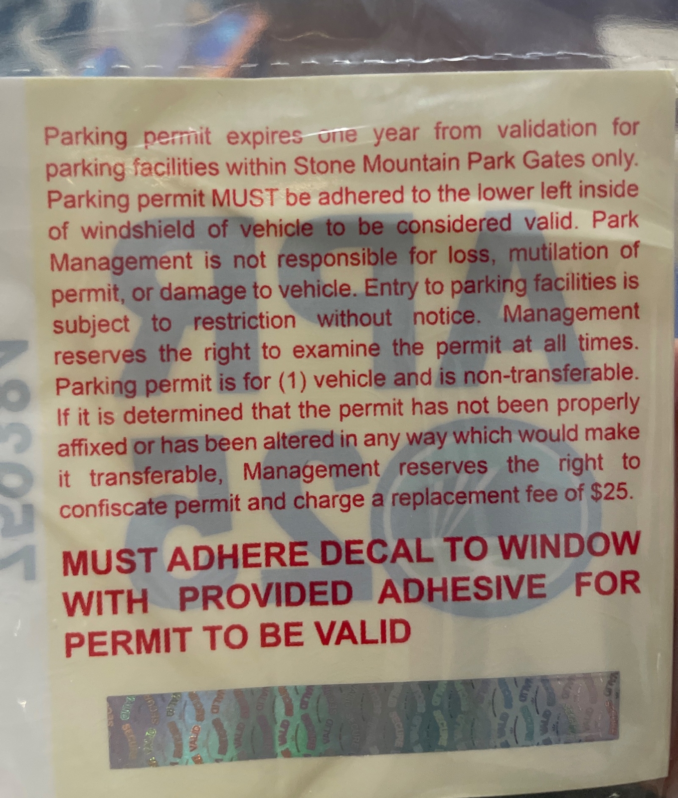 Stone Mountain Park Annual Parking Permit, good Untill April 2025