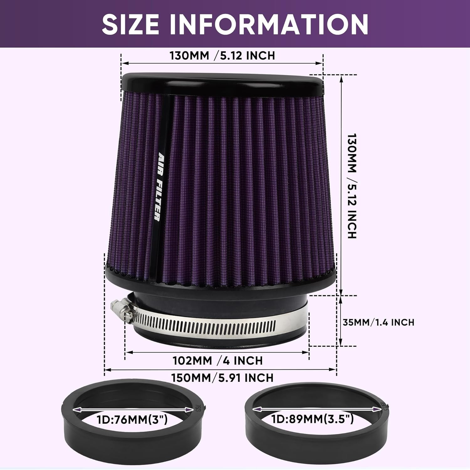 3 3.5 4 Inches Cold Air Intake Filter 76Mm 89Mm 101Mm High Performance Washable