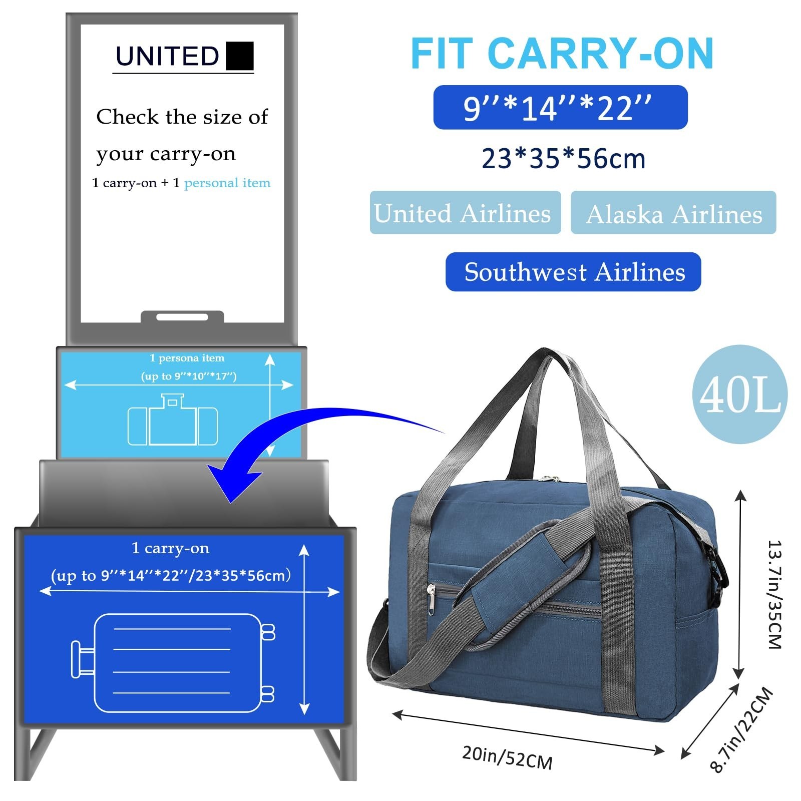 Foldable Carry on Luggage Bag 22x14x9 Personal Item Bag for Airplanes Travel …