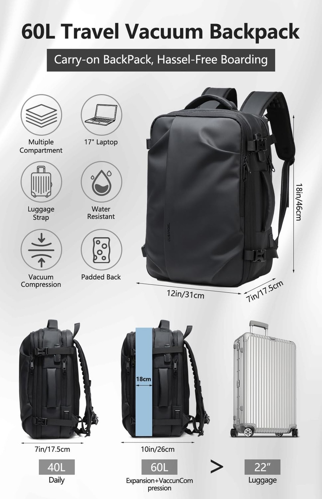 Cusangel vacuum backpack travel with pump compression,18in vac travel 45L exp…