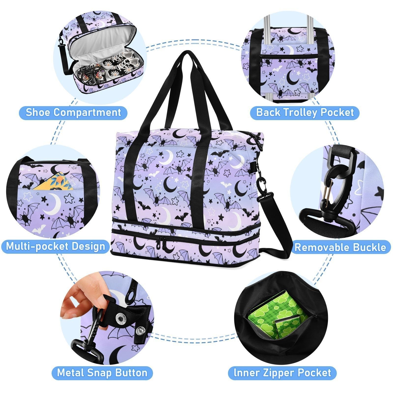 Travel Duffel Tote Bag Bat Starry Sky Sports Duffel Bag with Wet Pocket Weeke…
