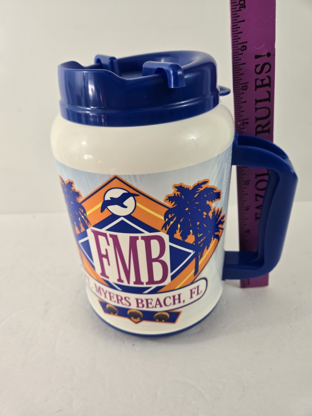 Whirley Travel Mug Cup Fort Myers Beach FLORIDA 44oz Blue Orange Palm Tree Shell