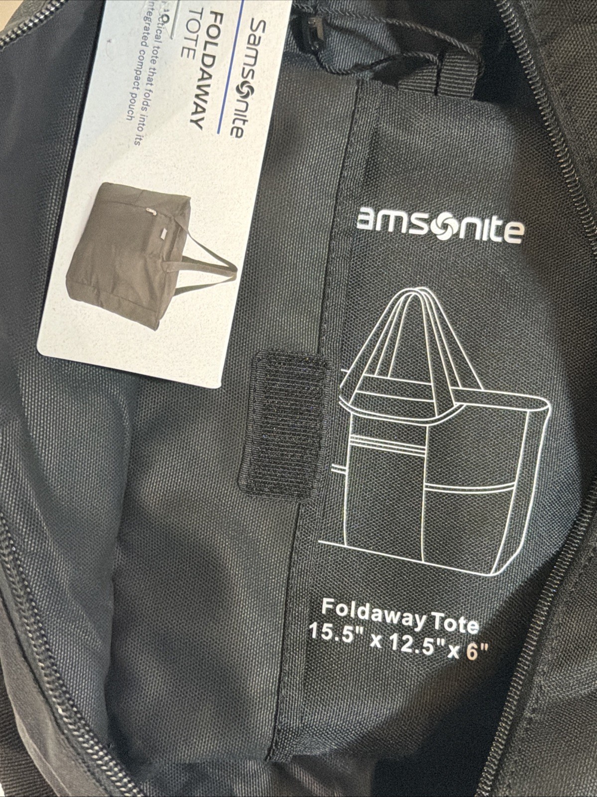 Samsonite Black Foldaway Packable Tote Sling Bag 15.5 x 12.5 x 6″ NWT $30