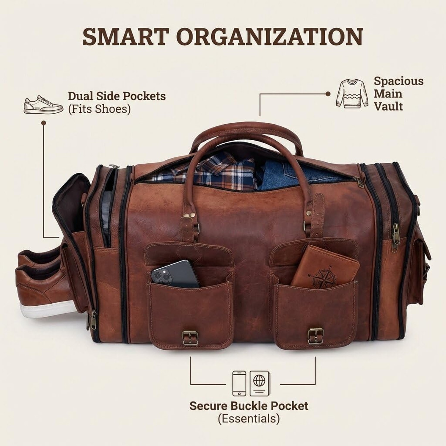 Weekender Leather Duffel Bag Overnight Women Men Girls Boys Vintage Travel Du…