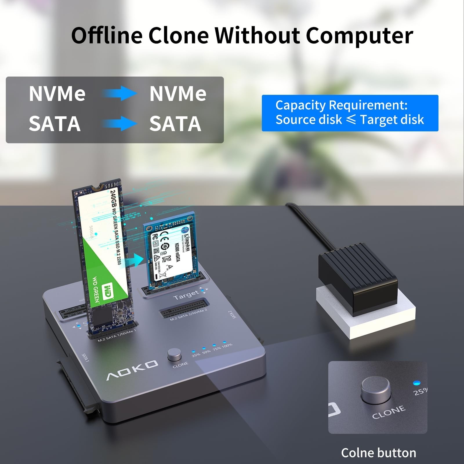 AOKO M.2 NVMe SSD Cloner, Dual-Bay 4-in-1 Hard Drive Docking Station,Hard Dri…