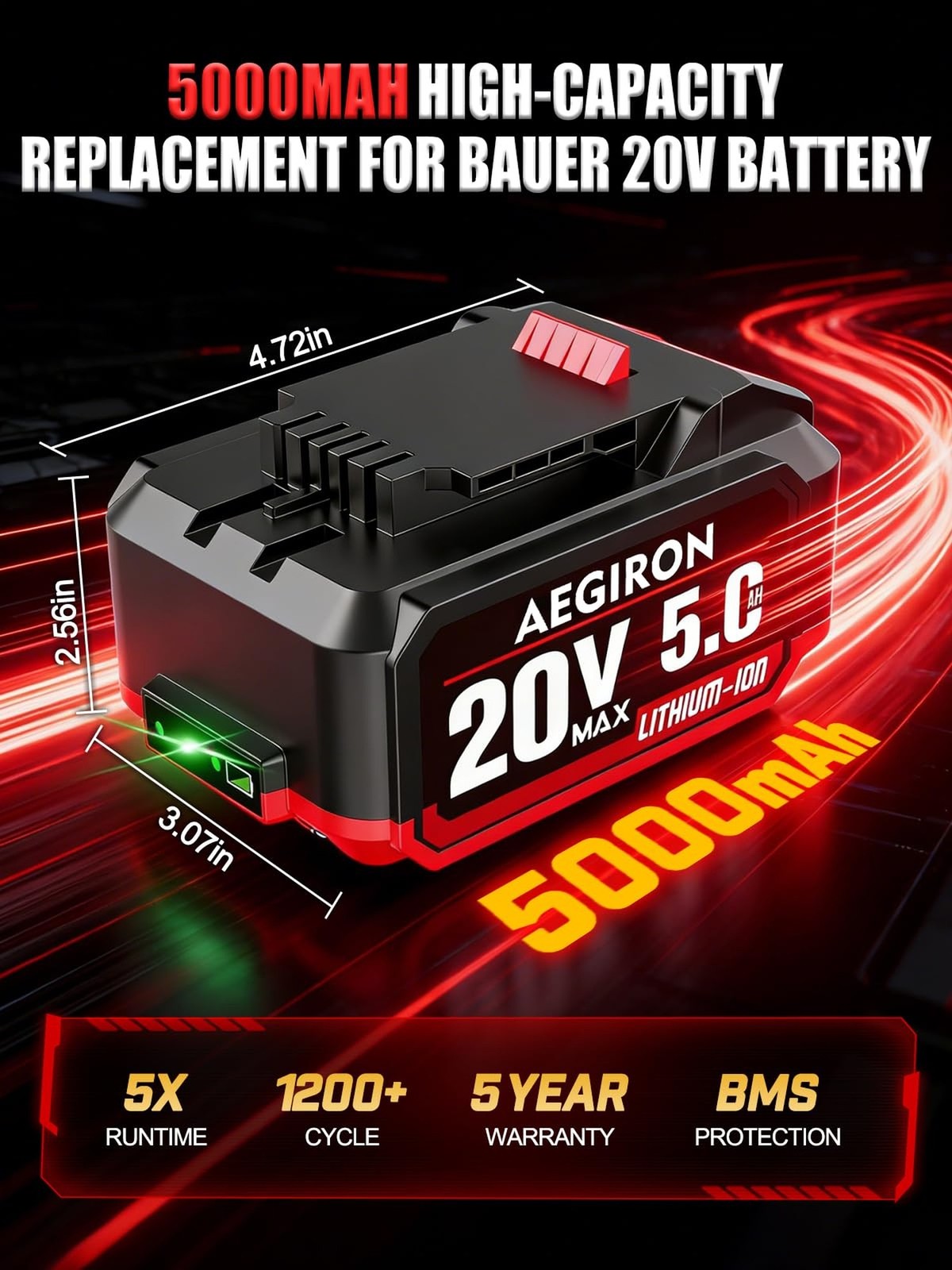 Upgraded 20V 5.0Ah High Capacity Battery, Replacement for Bauer 20V Lithium-I…