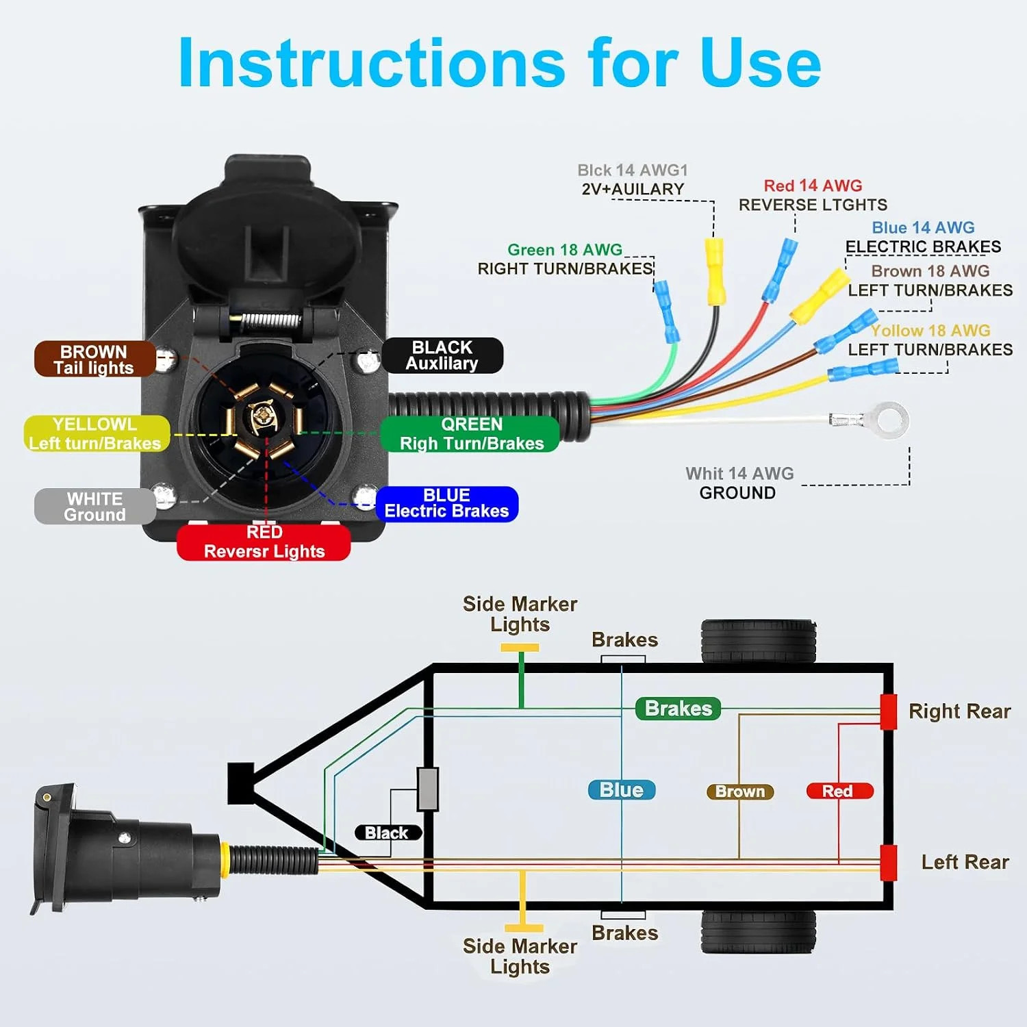 Premium 7 Pin Trailer Connector with Mounting Bracket，Heavy-Duty 7 Pin Trailer P