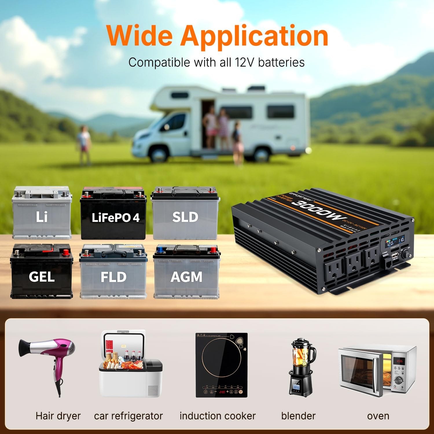 3000W Power Inverter, 12V DC to 110V/120V Modified Sine Wave Inverter with 3 …