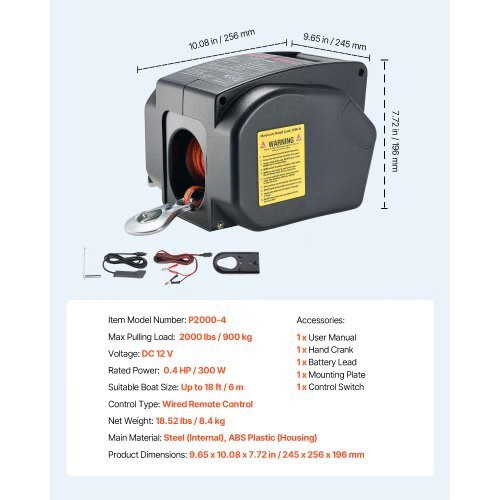 Electric Boat Winch, 12V DC 300W, Reversible Electric Trailer Winch for Boats U
