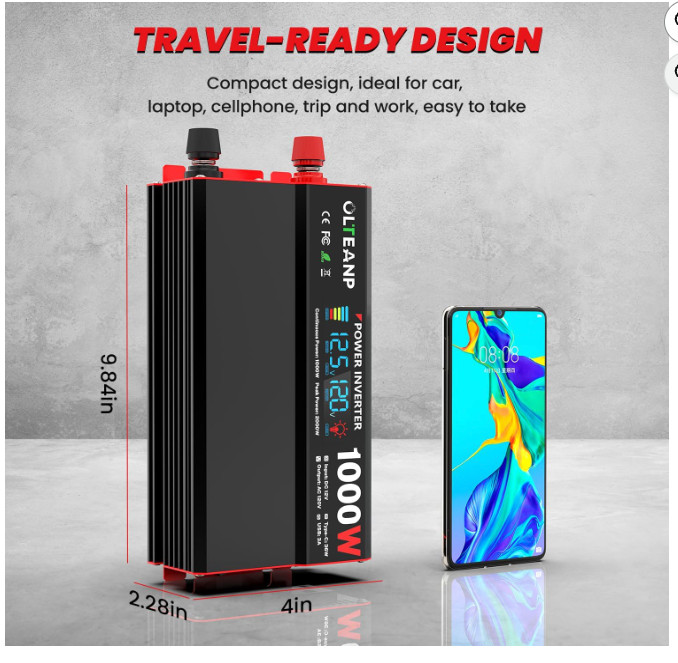 1000 Watt Power Inverter 12V DC to 110V/120V AC Car Inverter with LCD Screen