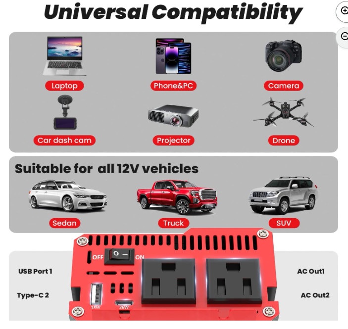 1000 Watt Power Inverter 12V DC to 110V/120V AC Car Inverter with LCD Screen