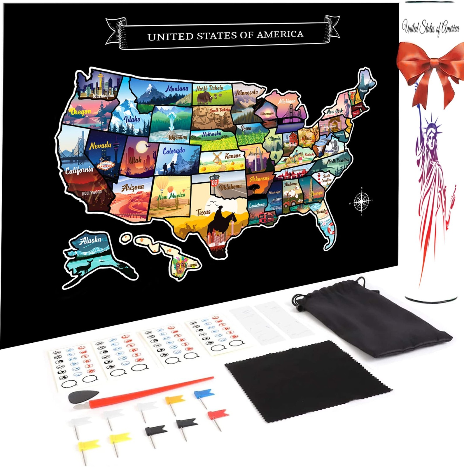 Large 23×16 Scratch-Off USA Map – Hand-Drawn Travel Design with Accessories, …