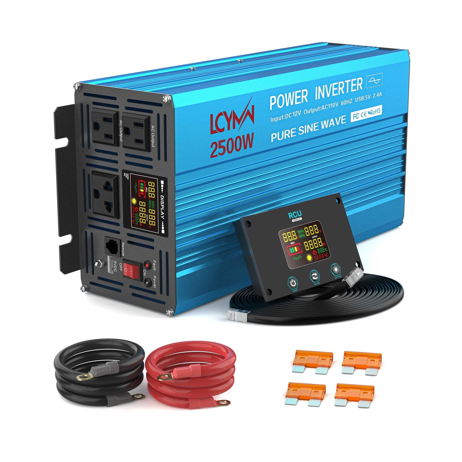Power Inverter 2500 Watt Pure Sine Wave 12V DC to 110V/120V AC 5000W Peak Con…