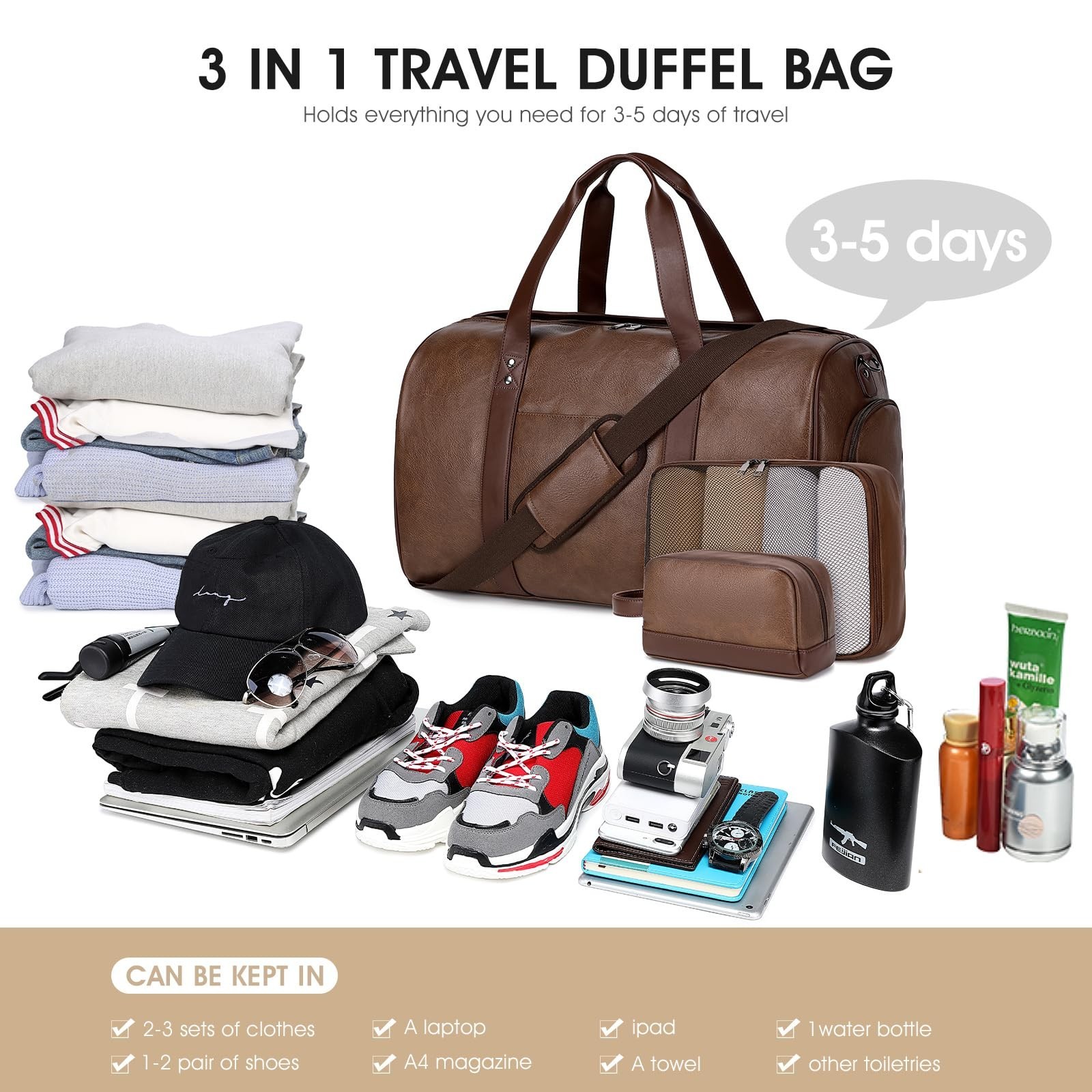 3PCS Faux Leather Weekender Bag for Women Men Travel Bag Overnight Bags | Lea…