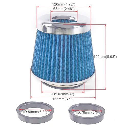 4-Inch Cold Air Intake Filter – Washable, High Performance, 3″ or 3 Short Blue