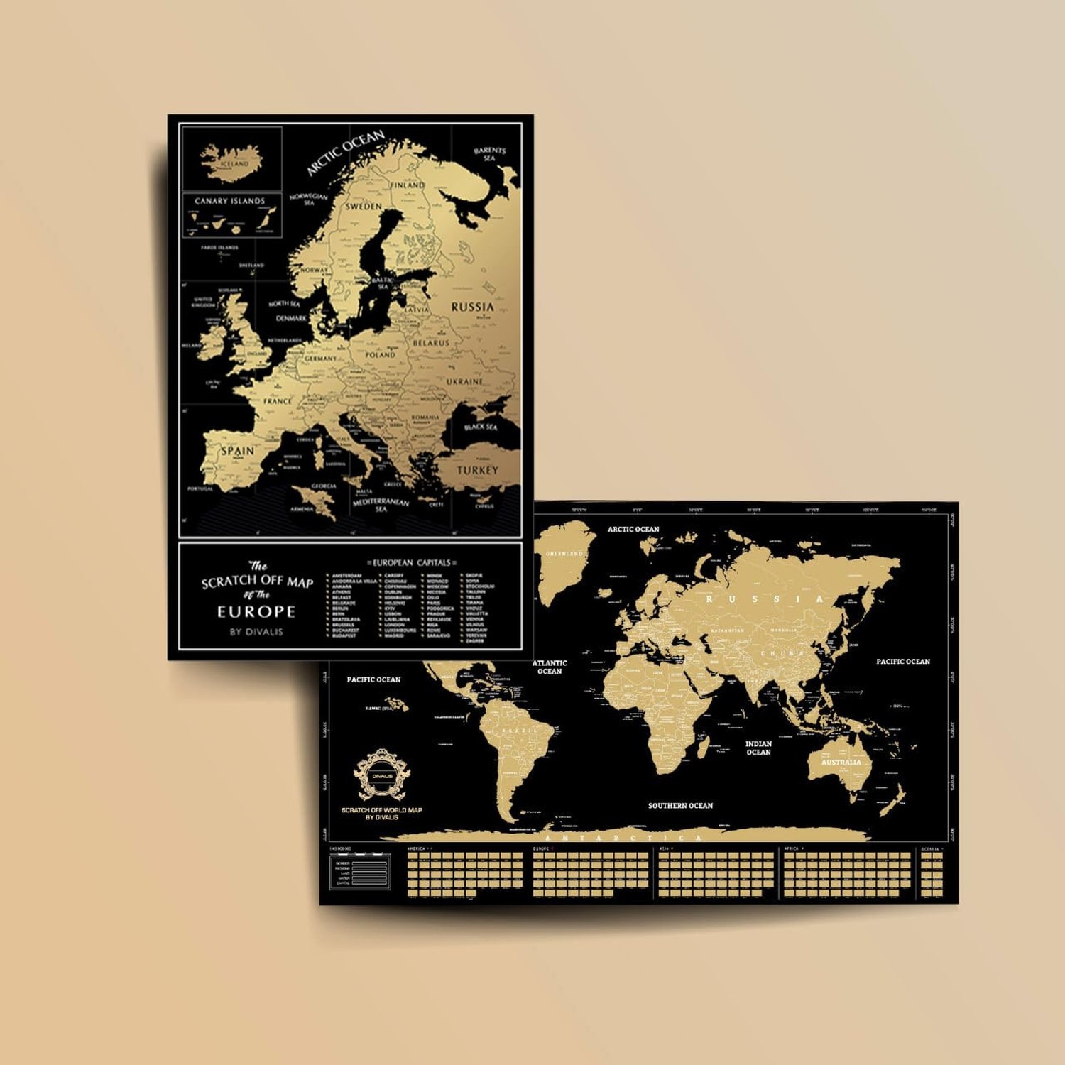 2 in 1 Gift Set – Scratch Off World Map and Europe Scratch off Map – Easy to …