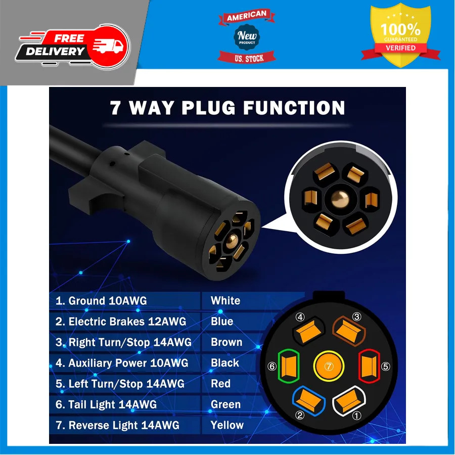 15ft 7 Way Trailer Wiring Harness Kit with Junction Box for RV and Camper
