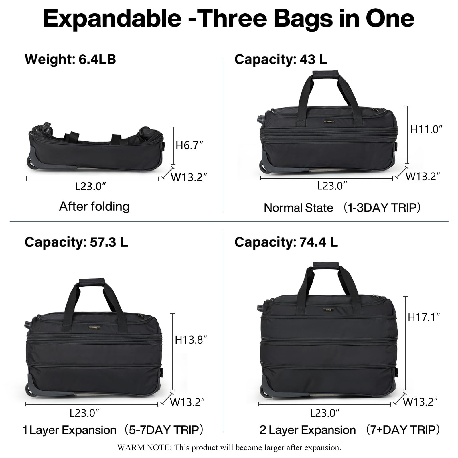 Hanke Expandable Carry On Luggage Suitcases with Wheels Foldable Duffle Bag f…