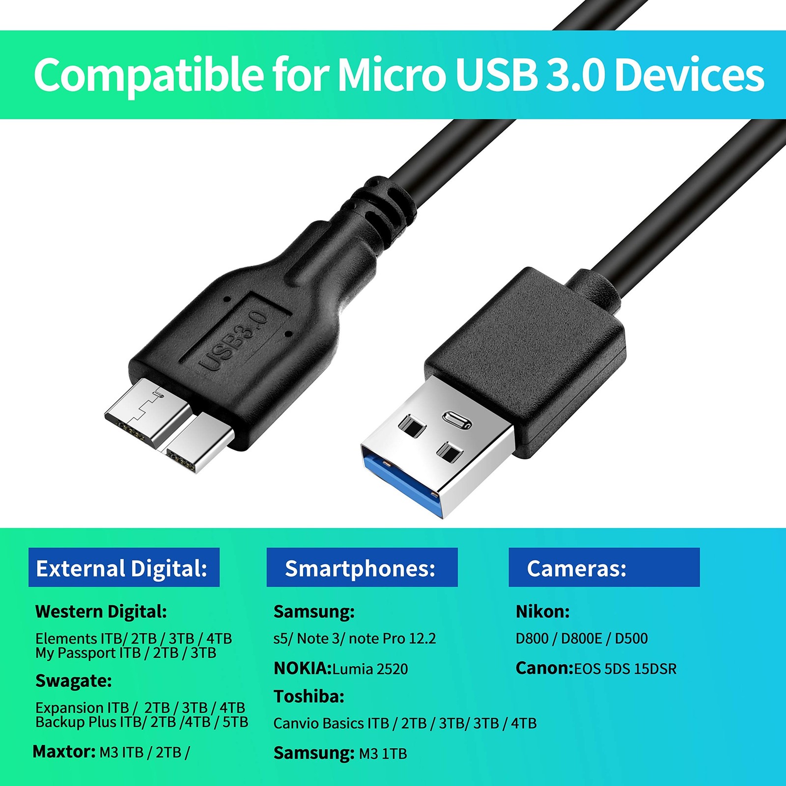 Micro B Cable, USB 3.0 A Male to Micro USB 3.0 Sync Cord,Data Wire for Toshib…