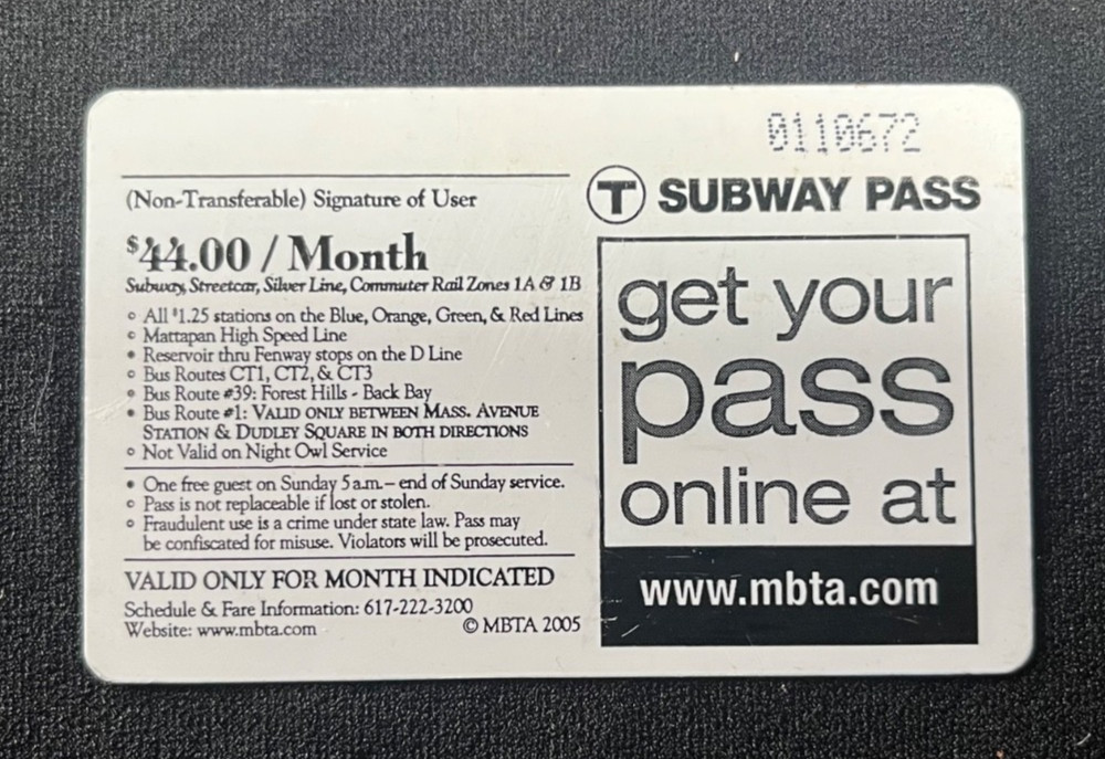 Boston Plastic MBTA January 2005 Subway Fare Pass (Pre-Charlie Card)