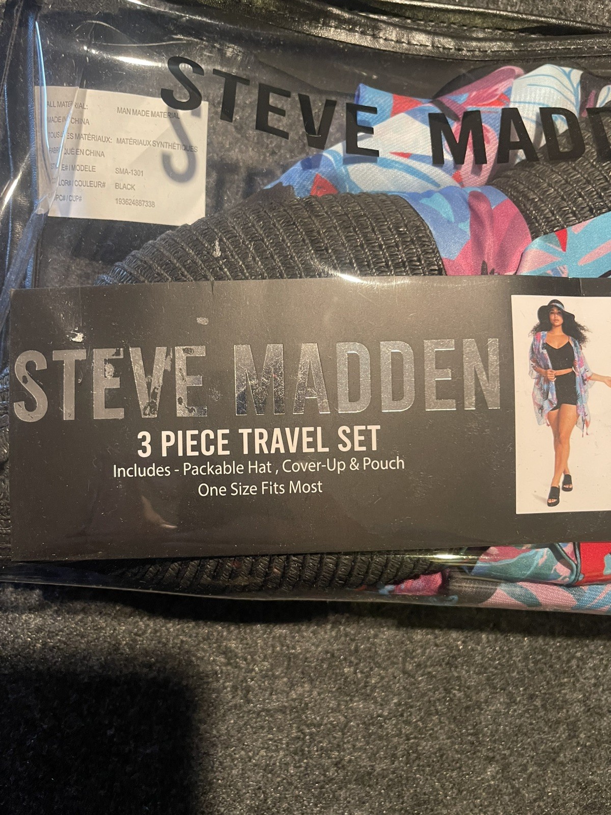 Steve Madden 3 Piece Beach Travel Set Packable Hat, Cover-Up & Pouch NEW