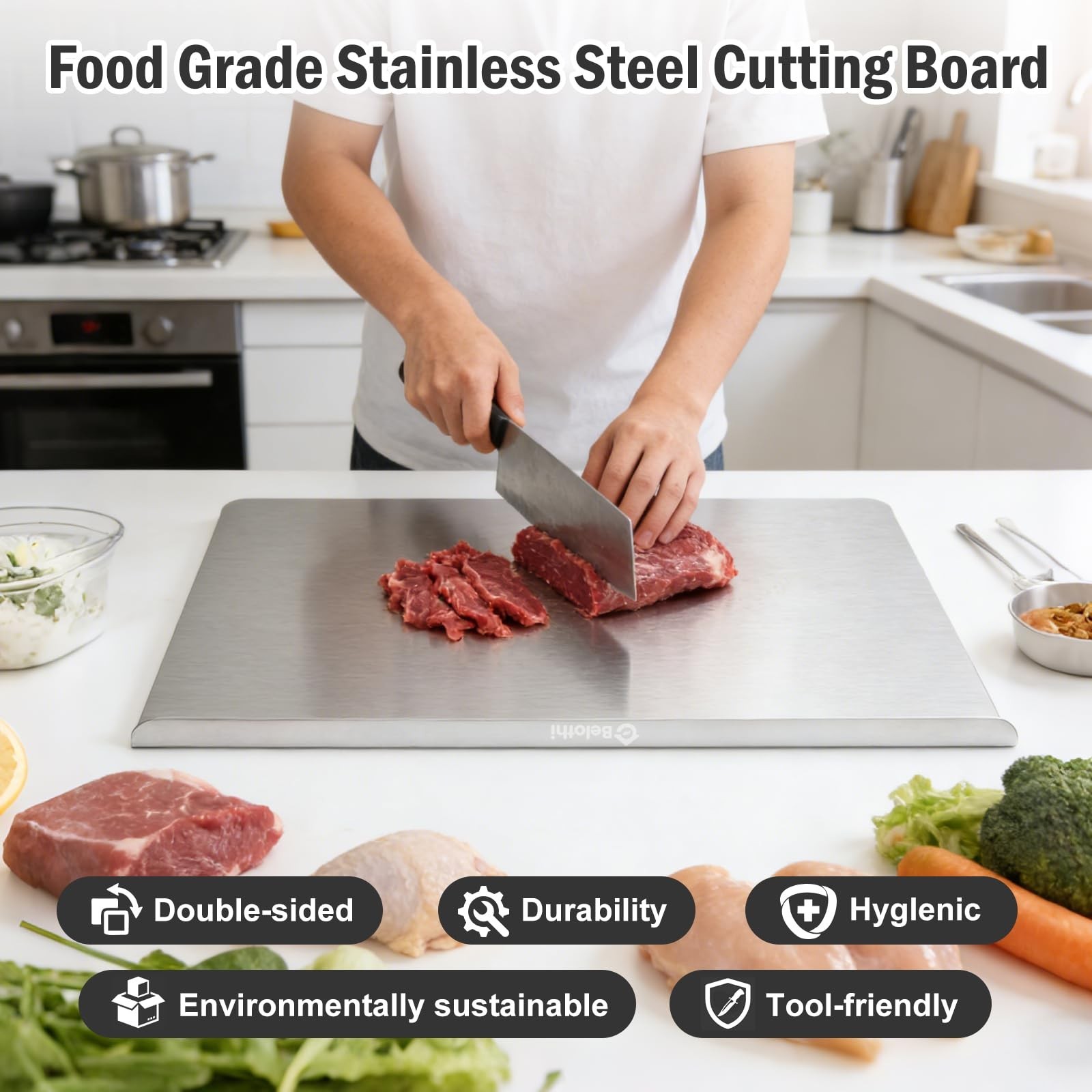 Stainless Steel Cutting Board with Lip, Large Metal Chopping Board with Count…