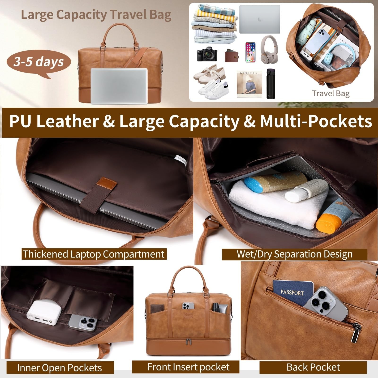 Faux Leather Weekender Bags for Women: Large Overnight Bags Travel Duffel Car…
