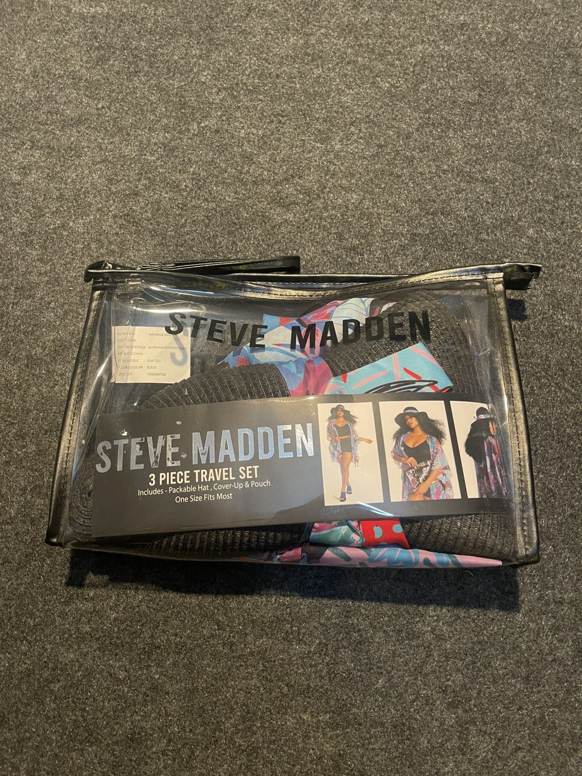 Steve Madden 3 Piece Beach Travel Set Packable Hat, Cover-Up & Pouch NEW