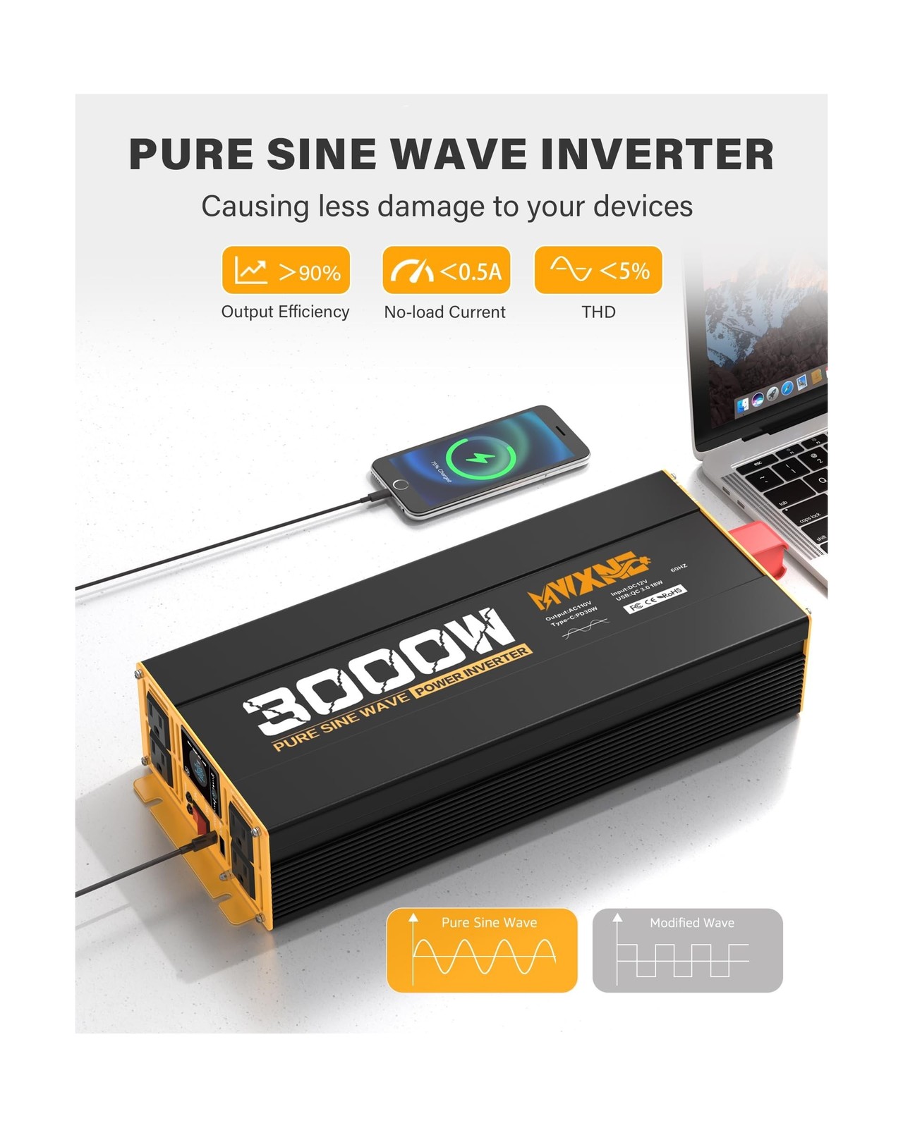 3000W Pure Sine Wave Inverter 12V DC to 110V 120V AC Converter for RV Truck H…