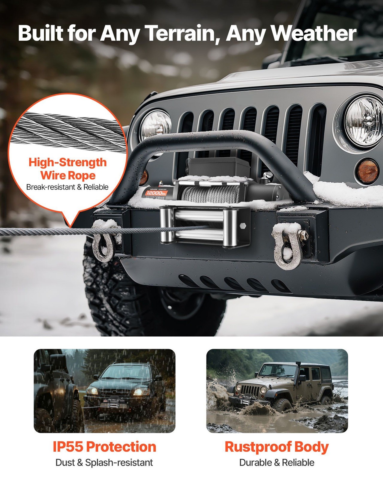 12000lb 12V Winch Electric 0.36in x 80ft Rope Dual Remote IP55
