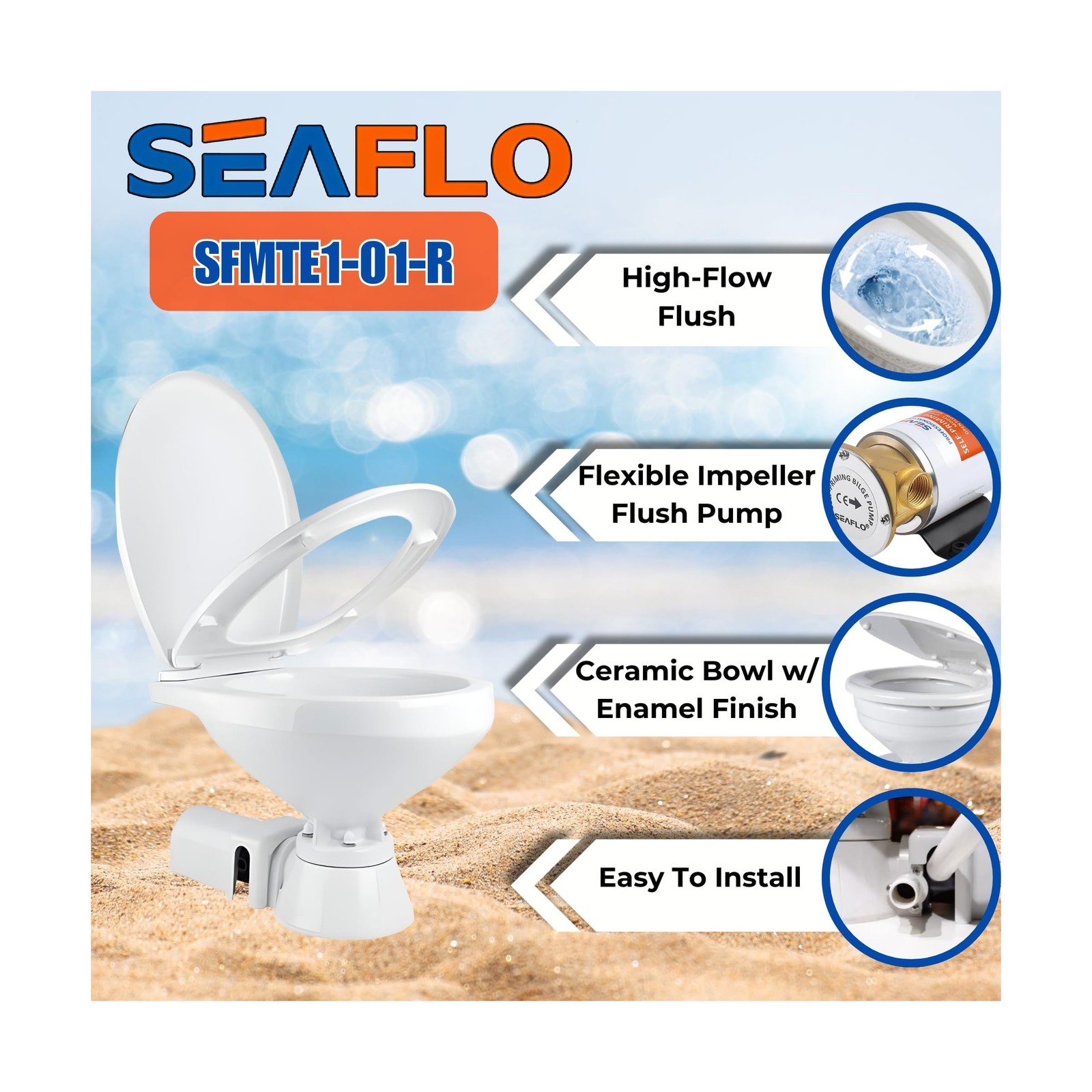 SEAFLO 12V Electric Flush Marine Toilet – Large Size Marine Head – C