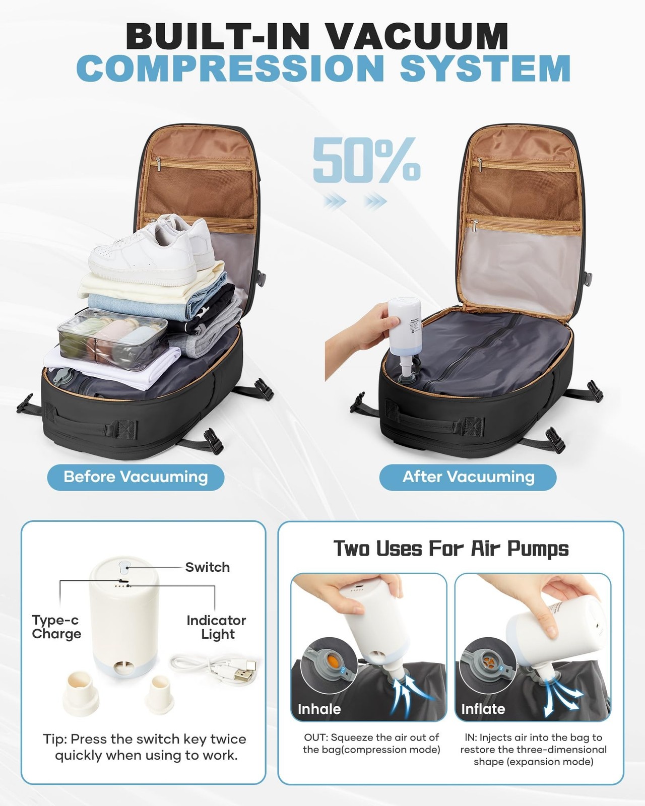 coofay Vacuum Backpack Travel with Pump Vacpack Backpack with Vacuum System T…