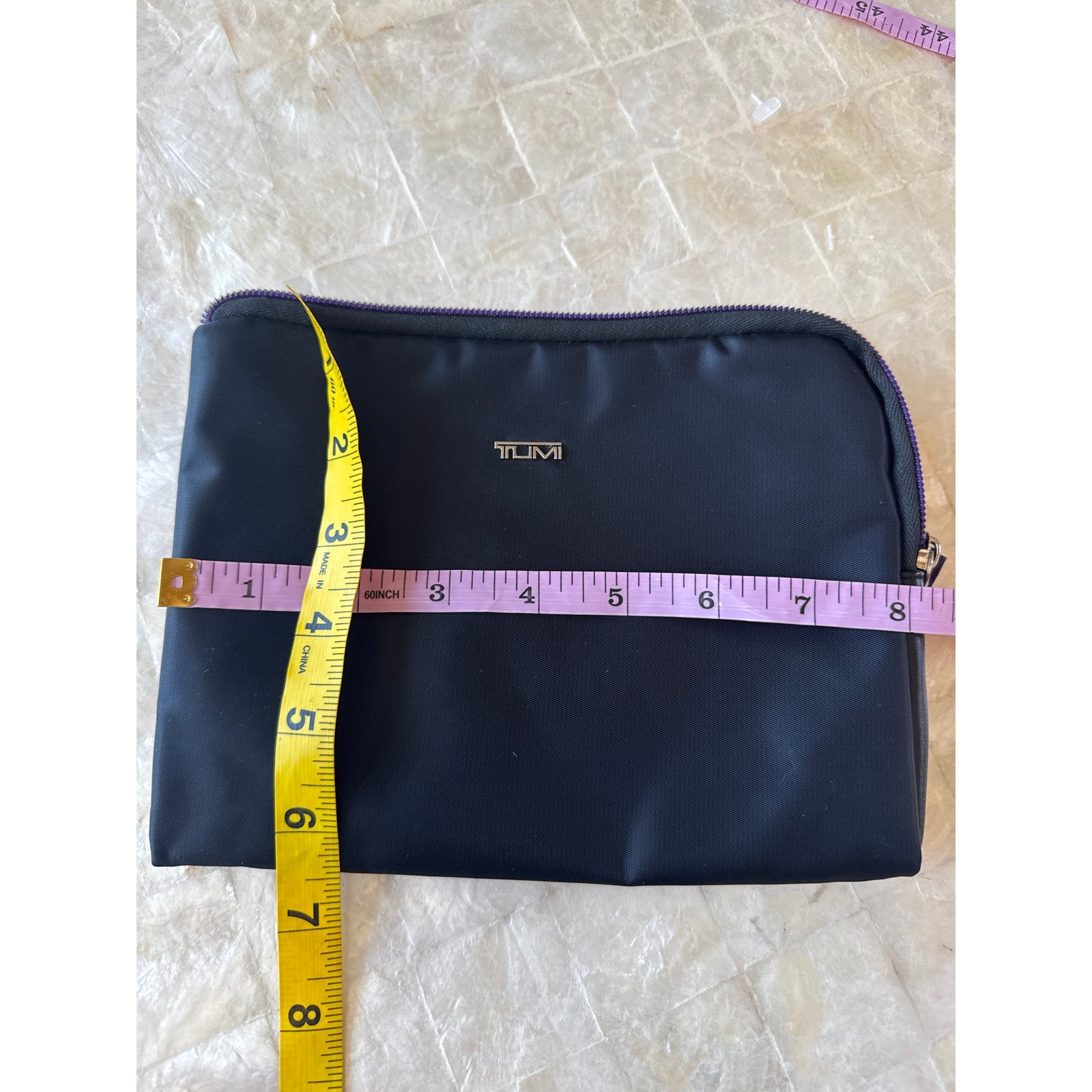 Tumi travel bag black and purple w silver logo zip around toiletry case pouch