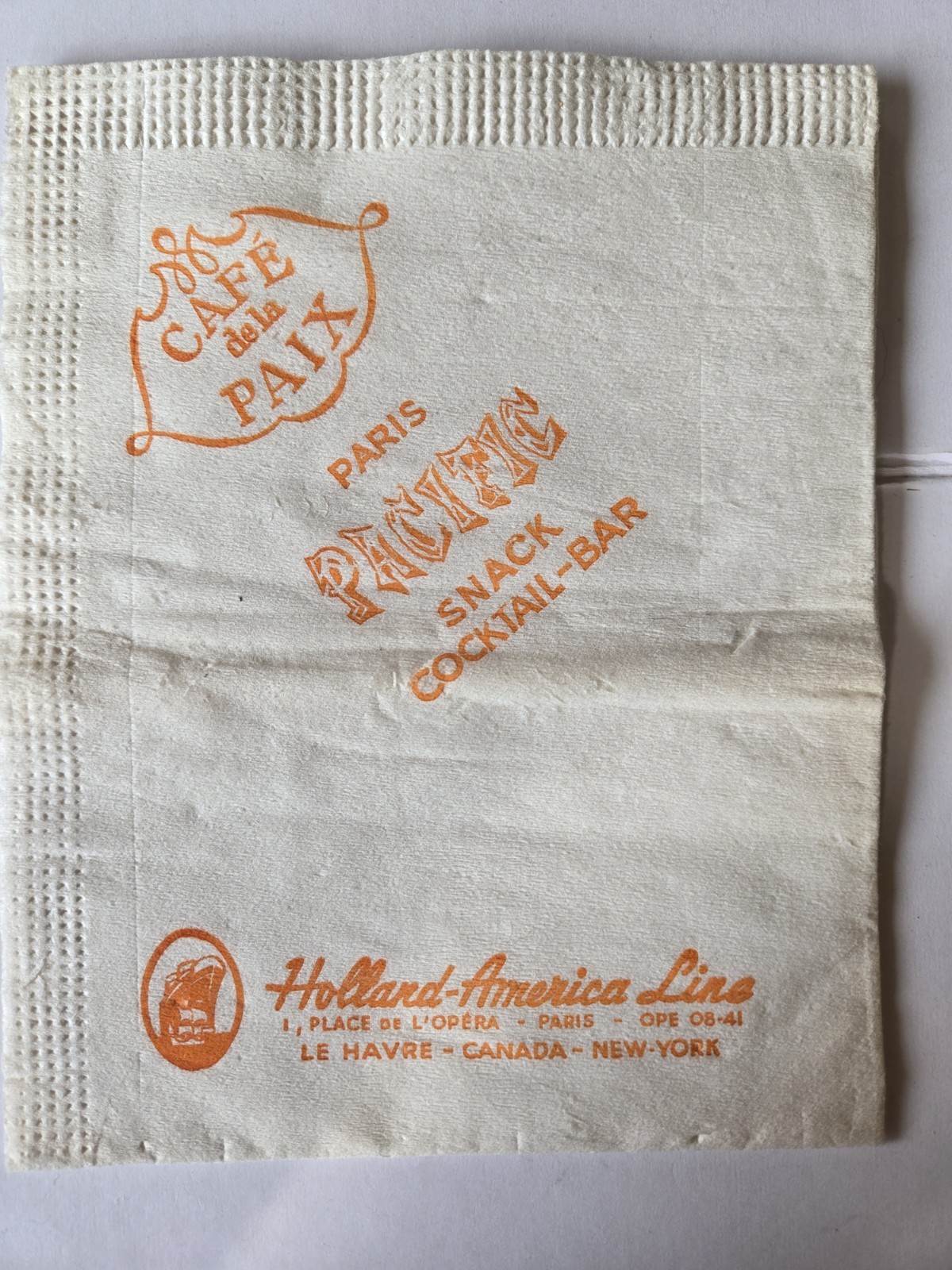 Cafe de la Paix Paris France Pacific Snack Cocktail Bar Napkins Holland America