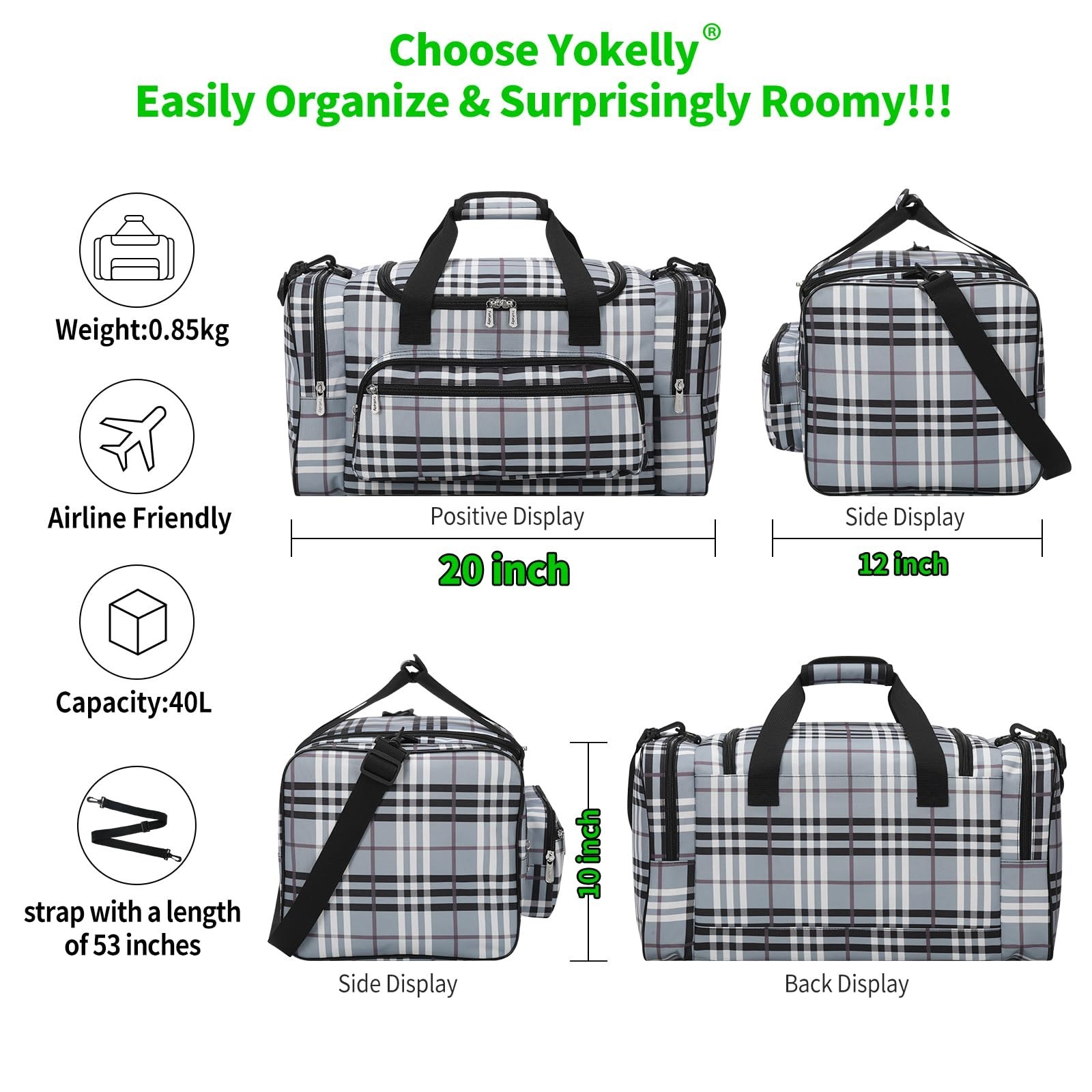 20 inch Sports Duffel Bag – for Travel Gym – Grey/White Gray/White