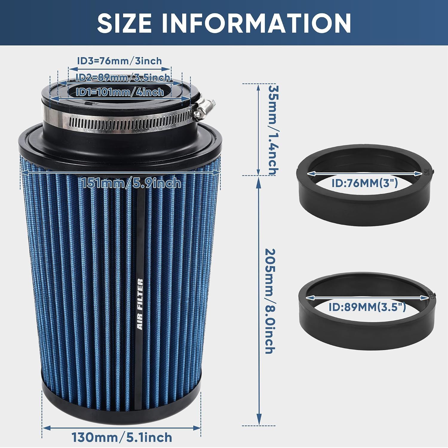 3 3.5 4 Inch Cold Air Intake Filter 76Mm 89Mm 101Mm High Performance Washable 3
