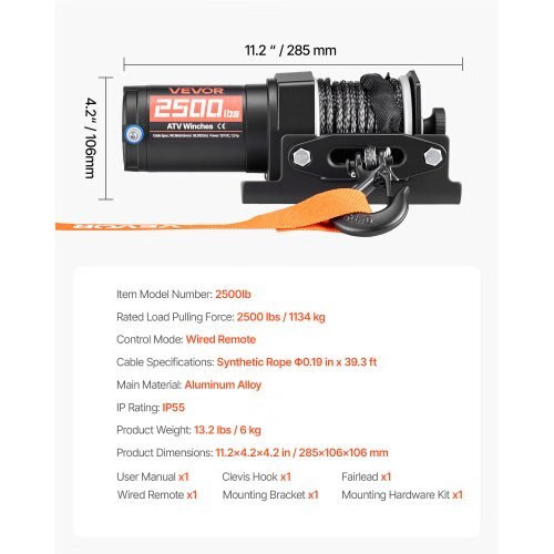 2500 lbs Electric Winch, 12V DC ATV/UTV Winch with ?&brvbar;0.19 in x 39.4 ft Sy