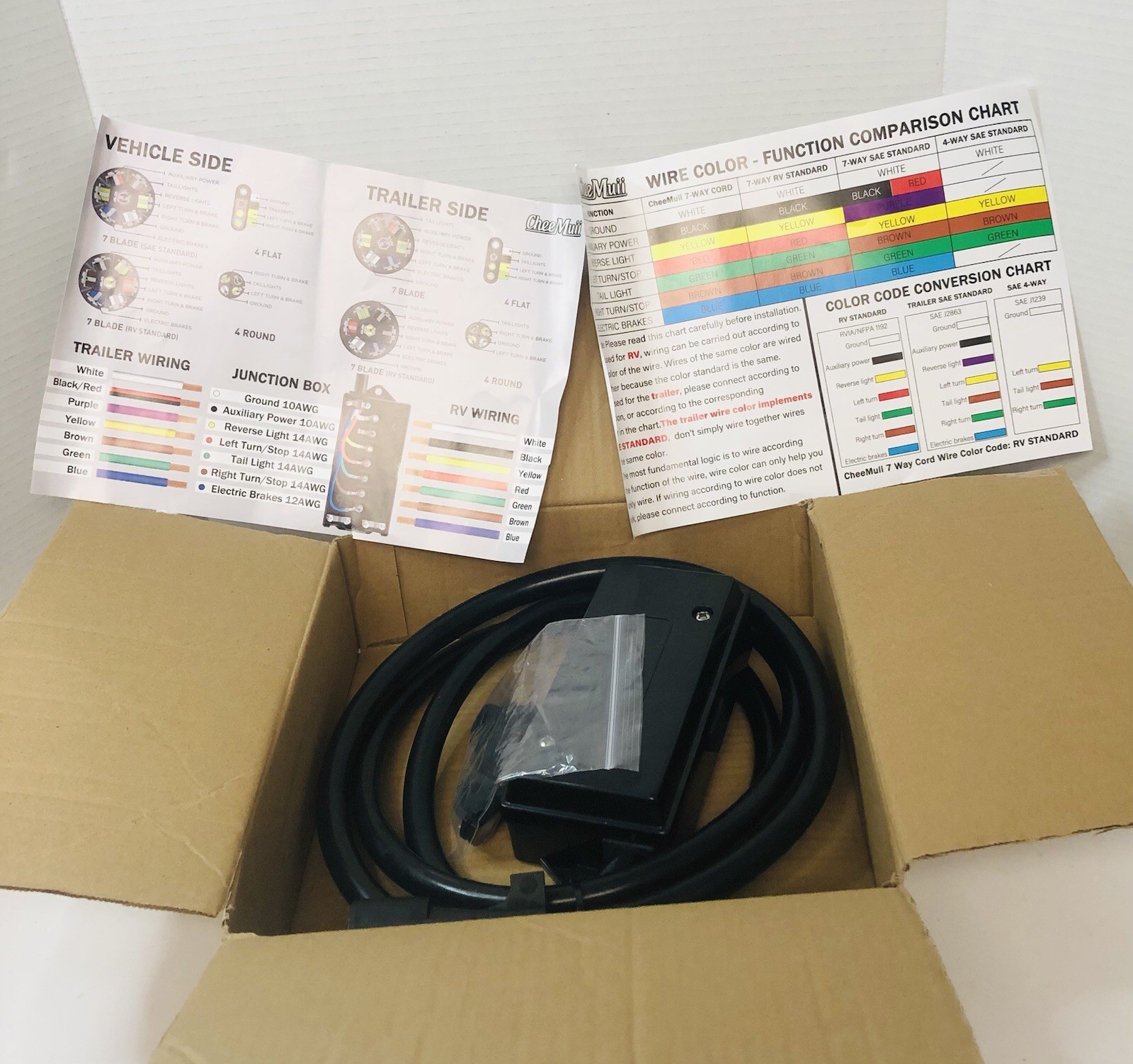 CheeMuii 7-Way Trailer Wiring Harness 8 Foot Cord w/7-Pin Plug & Junction Box RV