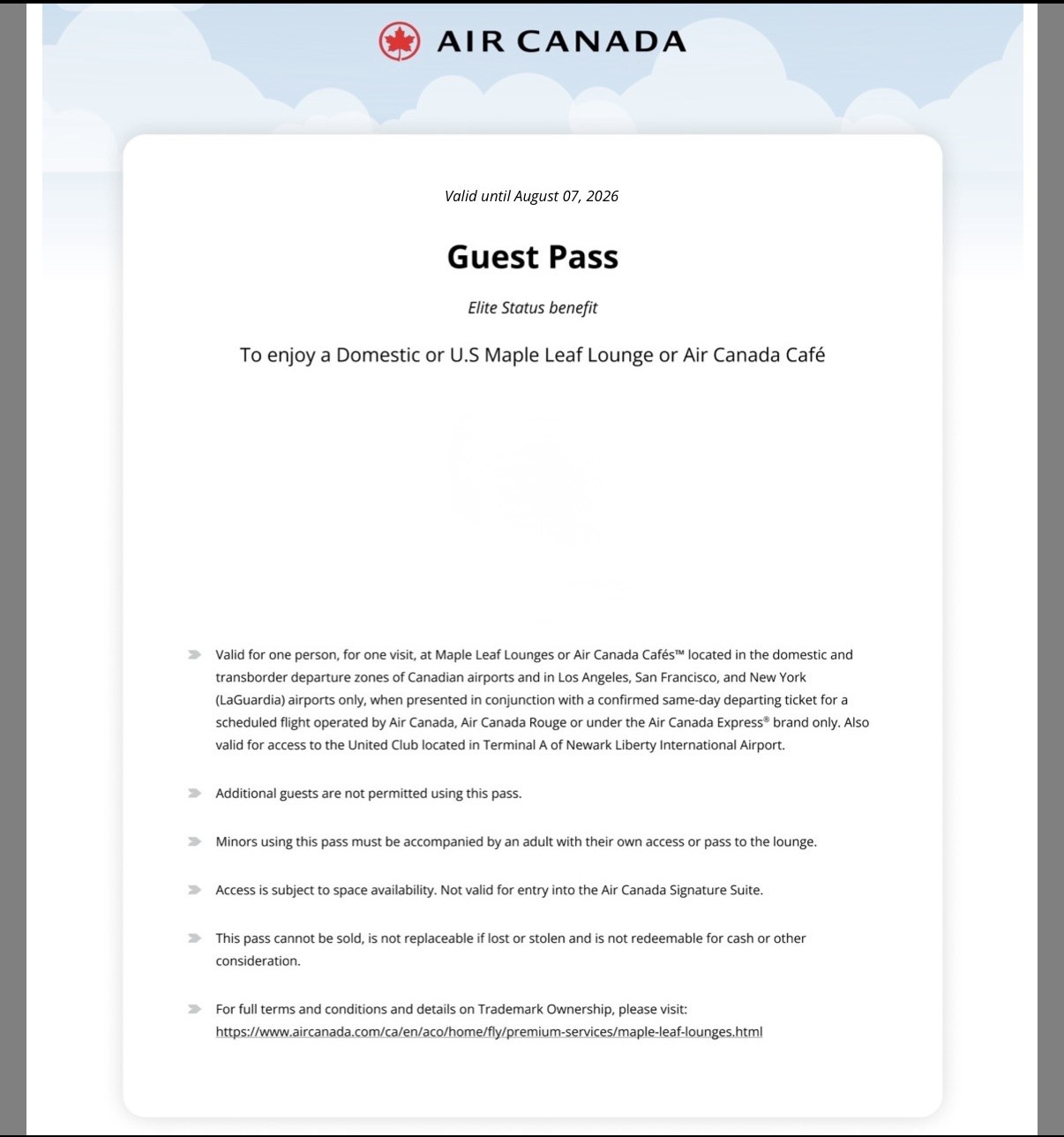Air Canada Maple Leaf Lounge Pass Expire 8/7/2026 (Fast E-delivery)