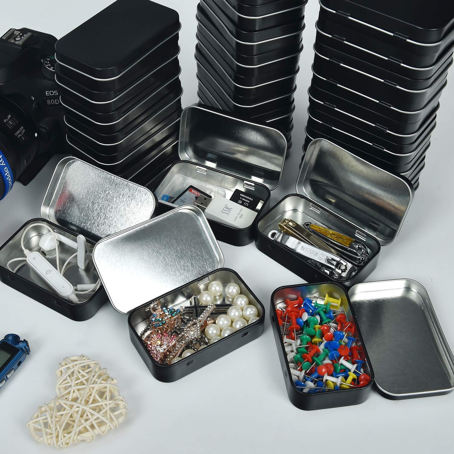 Metal Rectangular Empty Hinged Tins – Black Mini Portable Box Containers Smal…