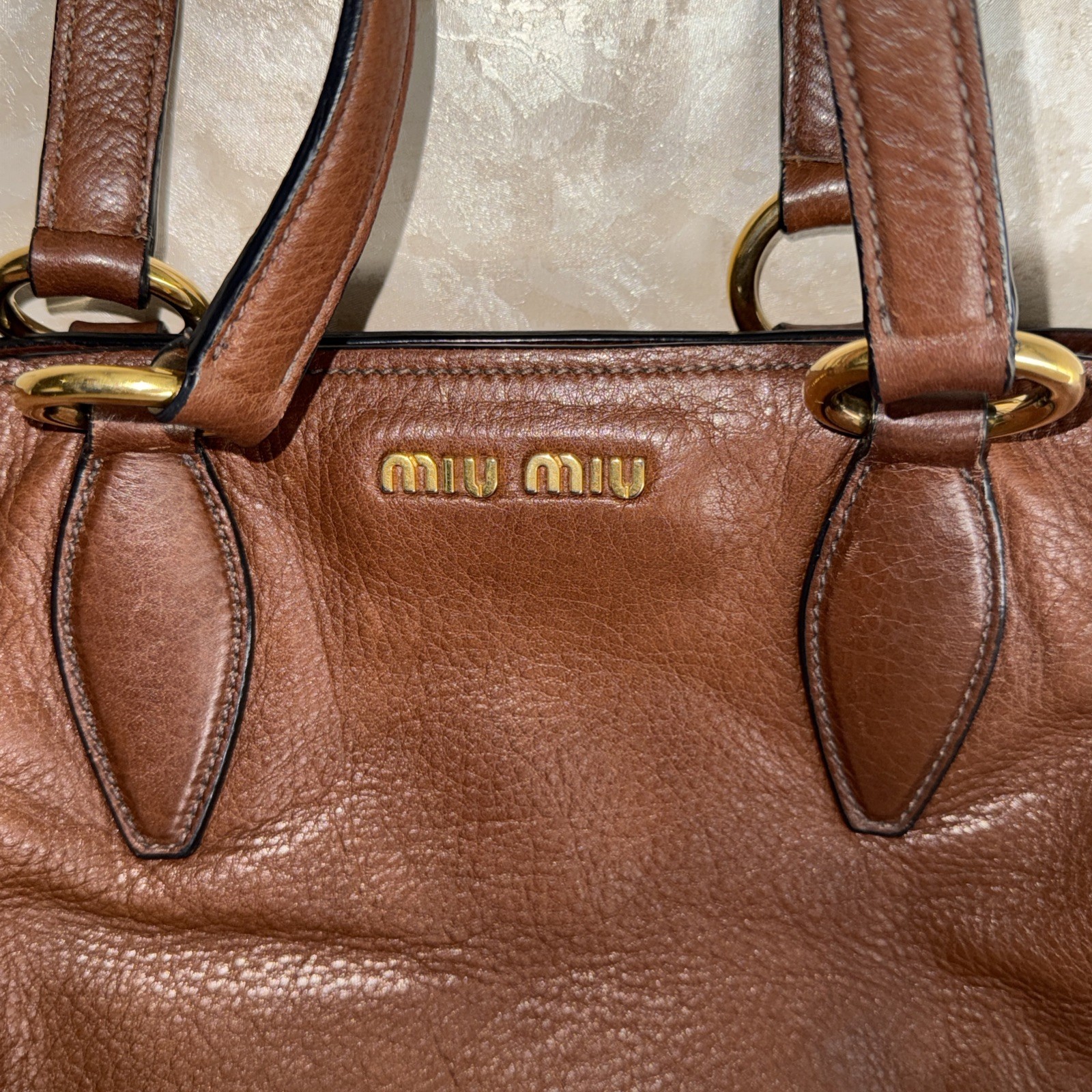 Miu Miu Vitello lux Brown Leather Hand Bag Purse ( MISSING THE SHOULDER STRAP)