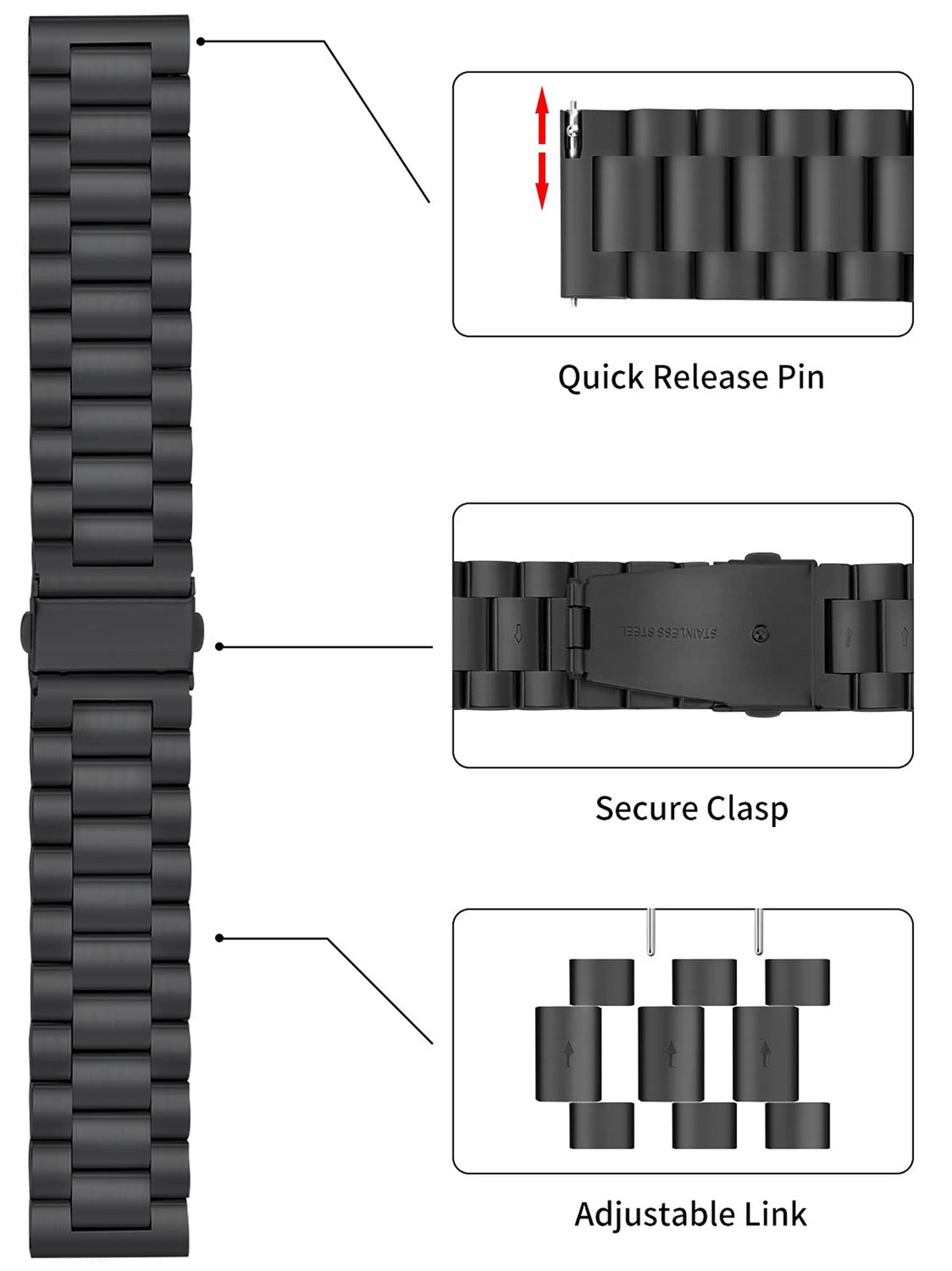 TStrap Metal Watch Strap 20mm – Black Quick Release Watch Straps for Men Wome…