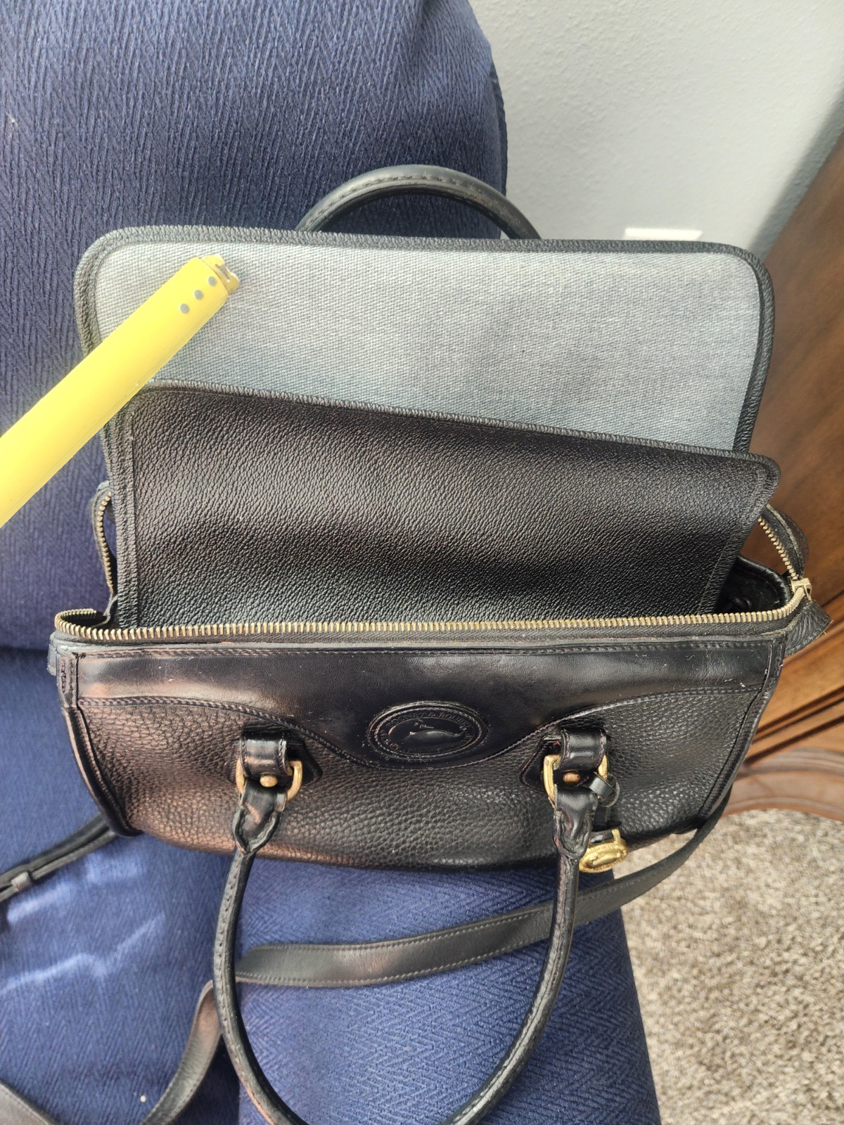 Dooney & Bourke Black Pebbled Satchel Bag with Detachable Strap, Zipper, Logo
