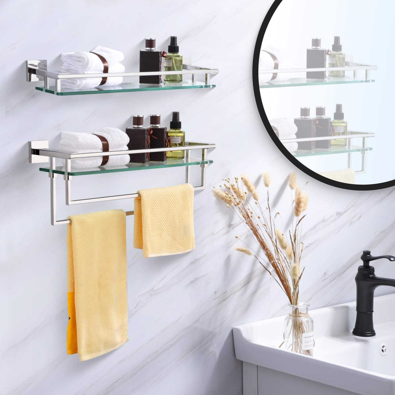 LANC Bathroom Shelf with Towel Bars – 20-Inch Silver Floating Tempered Glass …