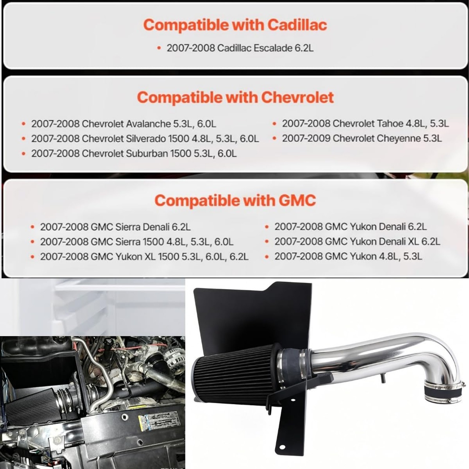 Cold Air Intake Compatible with 2007-2008 Chevy GMC Tahoe Yukon 4.8L / 5.3L /…