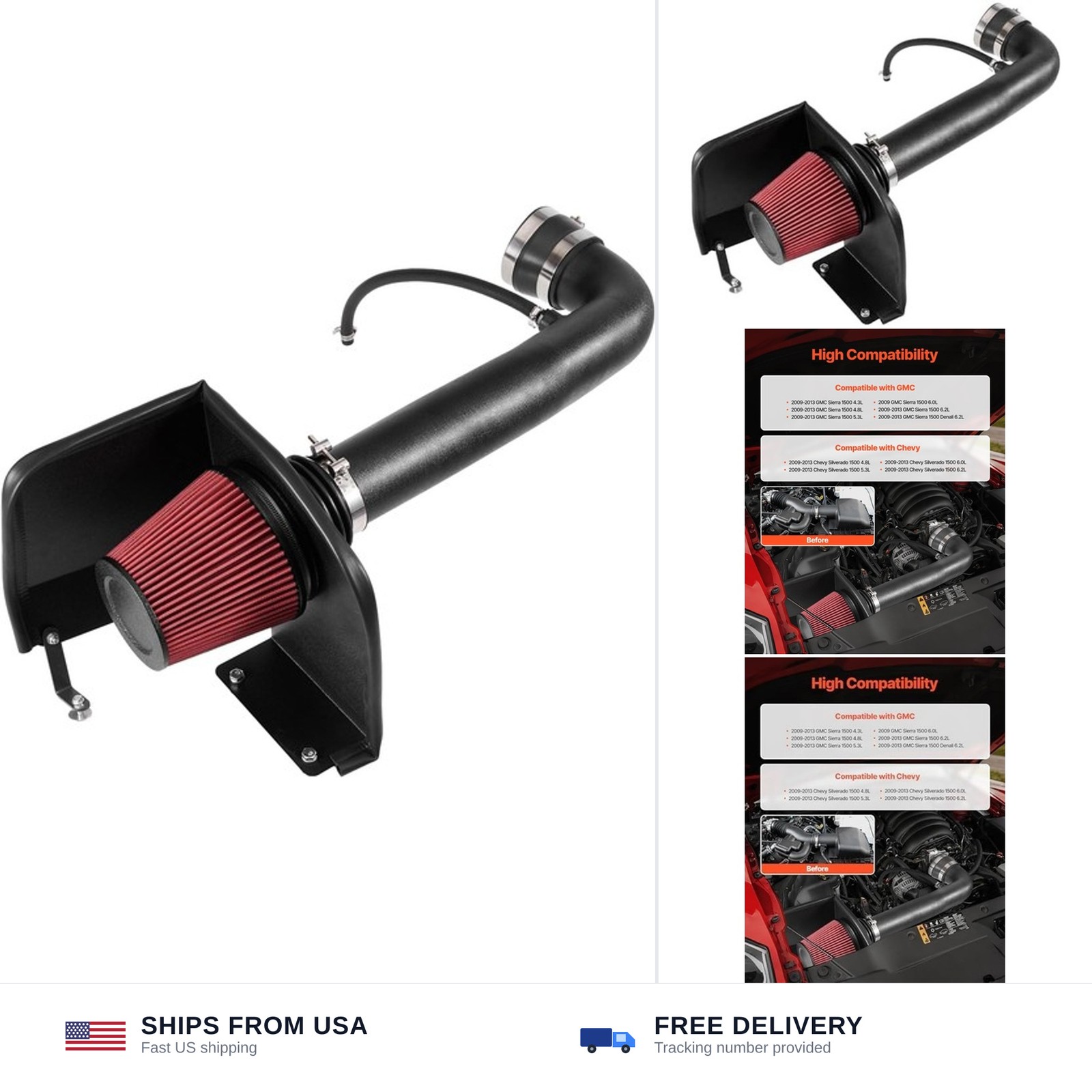VEVOR Cold Air Intake, 3.5 Inch Cold Air Intake System + Heat Shield Compatib…