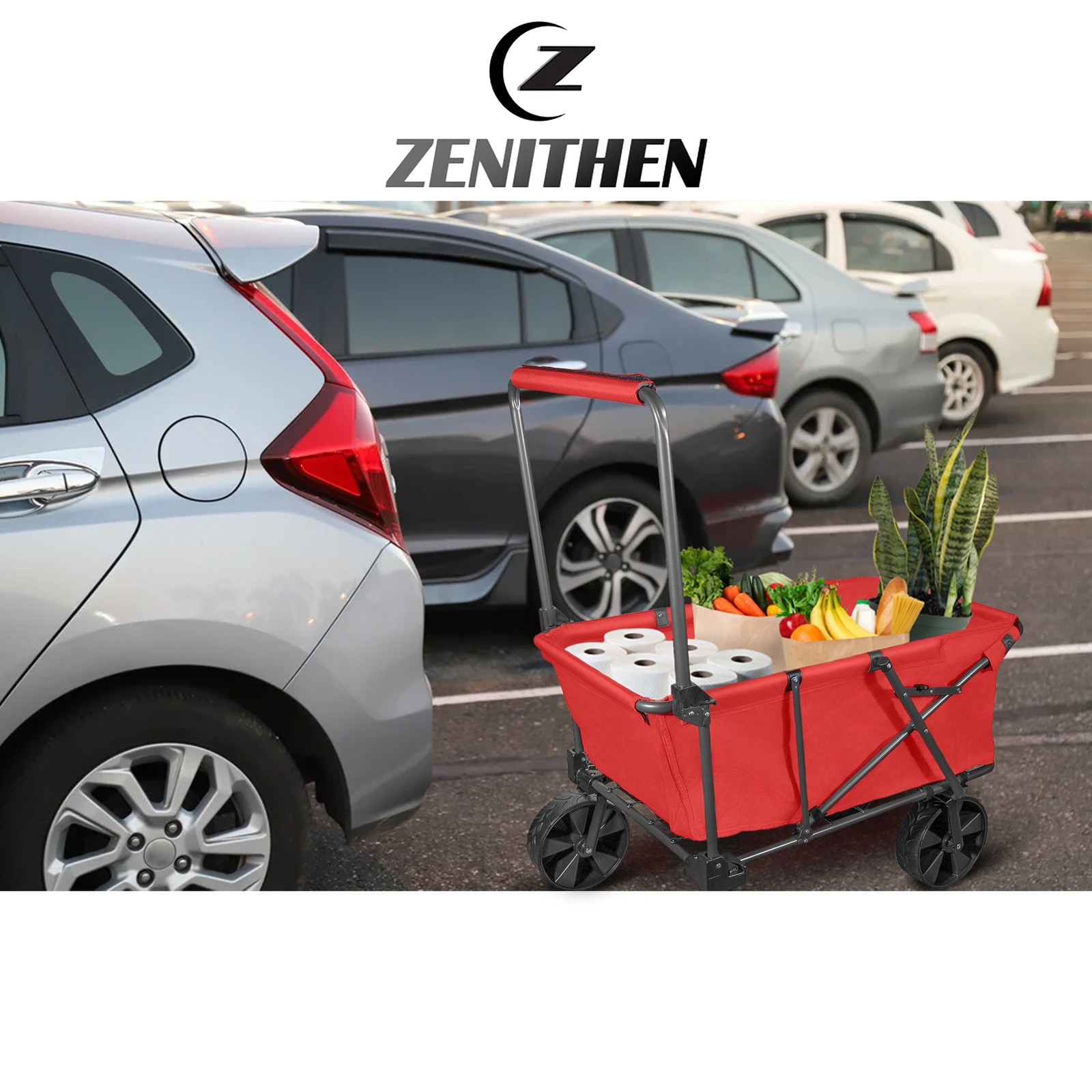 Zenithen Steel Folding Sports Camping Wagon w/ X-Large All Terrain Wheels, Red