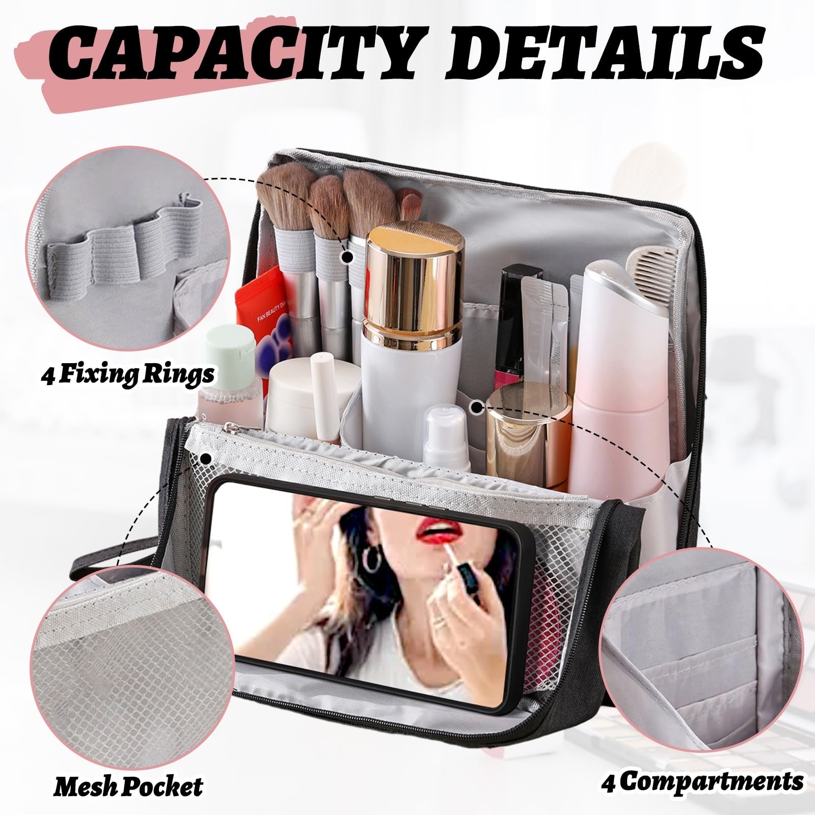 Standing Makeup Bag Organizer with 6 Brush Guards, Large Portable Makeup Orga…
